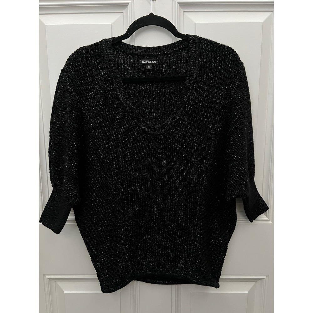 Express Women Black Silver Metallic Knit V-Neck Dolman Sleeve Sweater Small